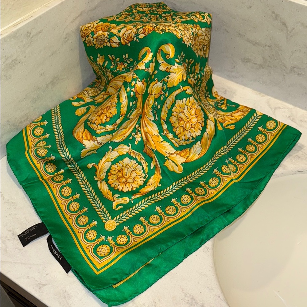 Versace Emerald and Gold Patterned Scarf